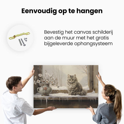 Canvas schilderij ophangen Kat bij het Raam in de Winter - Kerst