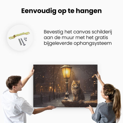Canvas schilderij ophangen Kat bij een Lantaarnpaal in de Winter