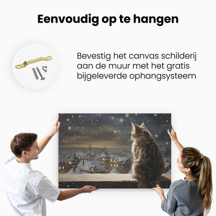 Canvas schilderij ophangen Kat met Uitzicht op het Dorp in de Winter