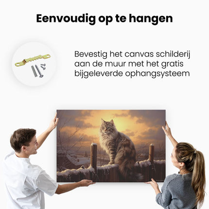 Canvas schilderij ophangen Kat in de Winter op een Hek