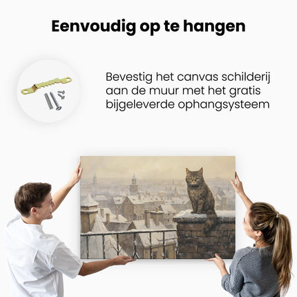 Canvas schilderij ophangen Kat op een Steentje in de Winter