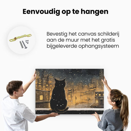 Canvas schilderij ophangen Zwarte Kat kijkt op de Stad