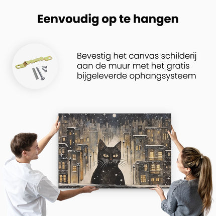 Canvas schilderij ophangen Zwarte Kat in de Winter