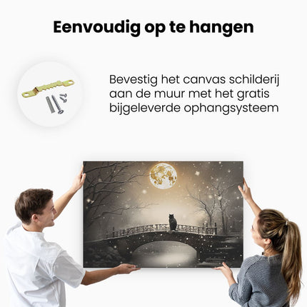 Canvas schilderij ophangen Kat bij Volle Maan op een Brug