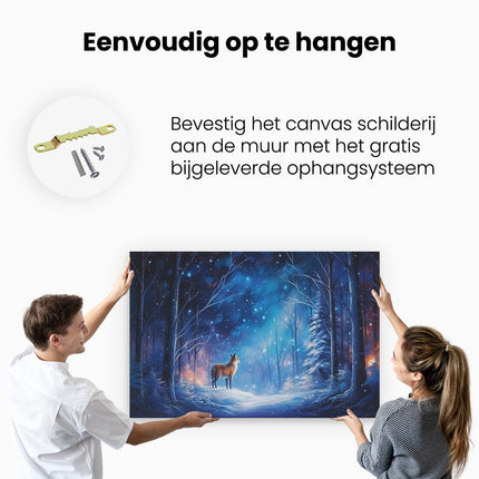 Canvas schilderij ophangen Vos in het Winterse Bos - Tekening