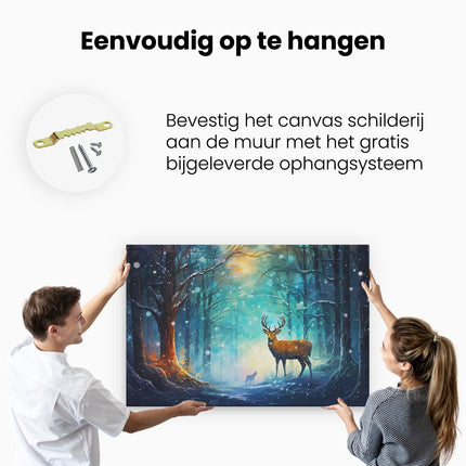 Canvas schilderij ophangen Hert in het Bos - Winter - Kerst