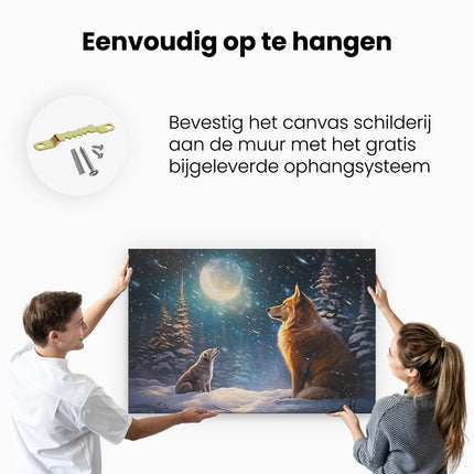 Canvas schilderij ophangen Twee Honden bij Volle Maan in het Bos - Winters