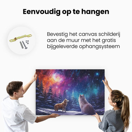 Canvas schilderij ophangen Twee Honden bij Volle Maan in het Bos - Winters