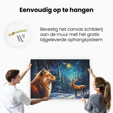 Canvas schilderij ophangen Hond en Hert in het Winterbos