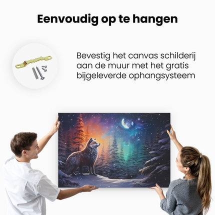 Canvas schilderij ophangen Wolf bij Volle Maan in het Bos - Tekening