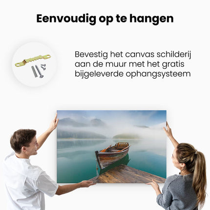 Canvas schilderij ophangen Bootje op het Meer tijdens de Mist