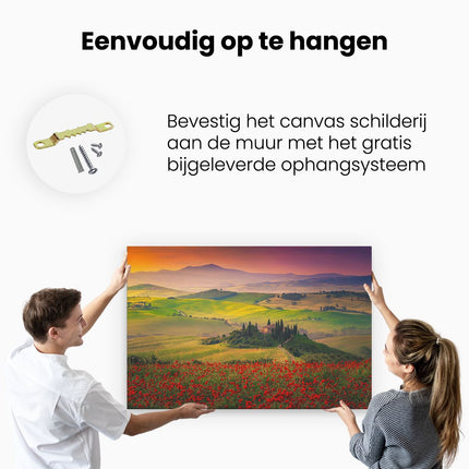 Canvas schilderij ophangen Rode Bloemenveld in Toscane, Italië