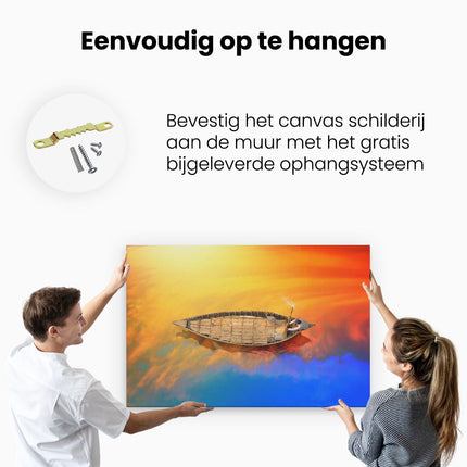Canvas schilderij ophangen Mini Boot in het Gekleurde Water