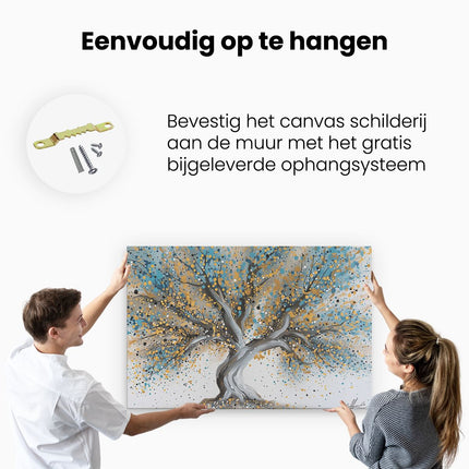 Canvas schilderij ophangen Abstract Kunstwerk van een Boom in Blauw en Geel