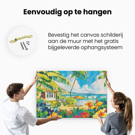 Canvas schilderij ophangen Kleurrijk Kunstwerk van een Tropisch Huis op het Strand