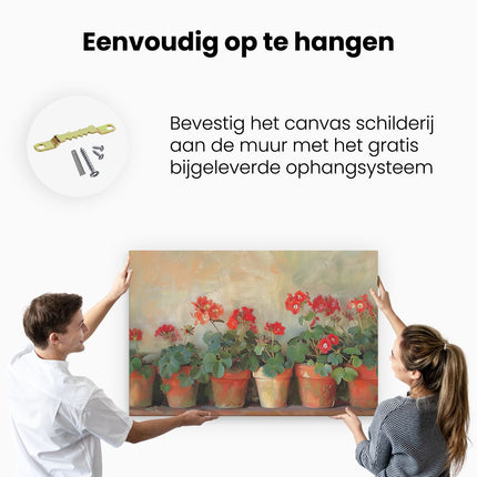 Canvas schilderij ophangen Rode Geraniums in Potten