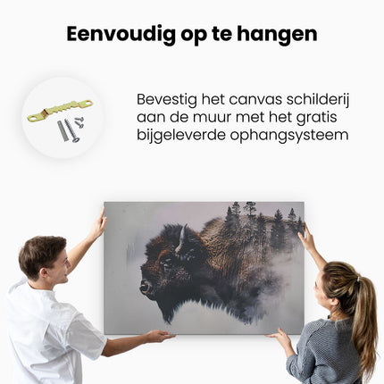 Canvas schilderij ophangen Bizons met Bomen op de Achtergrond