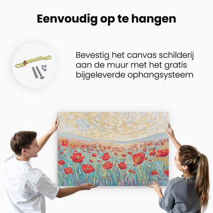 Canvas schilderij ophangen Rode Papavers in een Veld