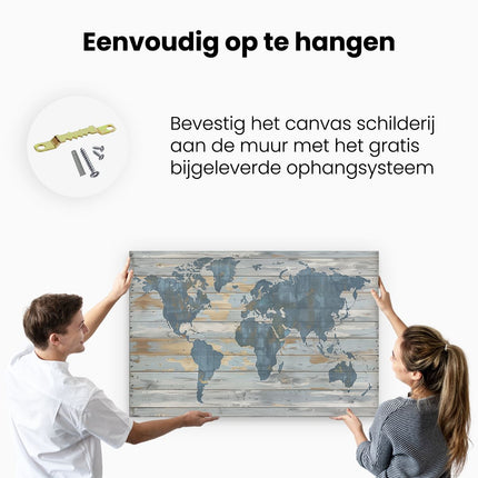 Canvas schilderij ophangen Blauwe en Witte Wereldkaart op een Houten Plank