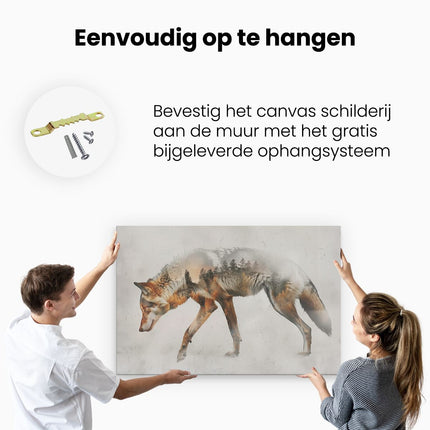 Canvas schilderij ophangen Afbeelding van een Wolf die door een Bos loopt