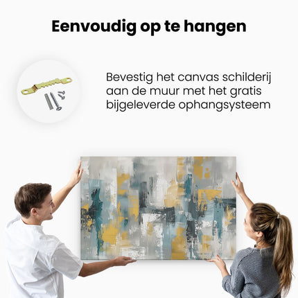 Canvas schilderij ophangen Abstract Kunstwerk met Gele, Blauwe en Grijze Kleuren