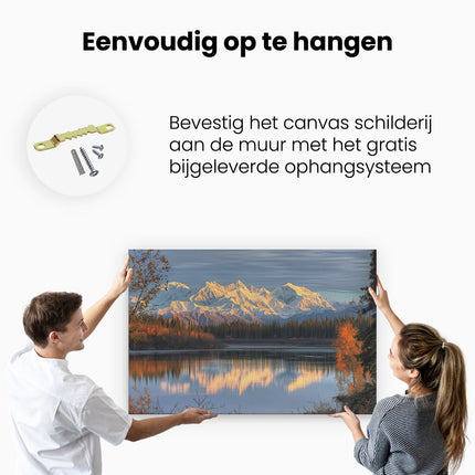 Canvas schilderij ophangen De Bergen Worden Weerspiegeld in het Water