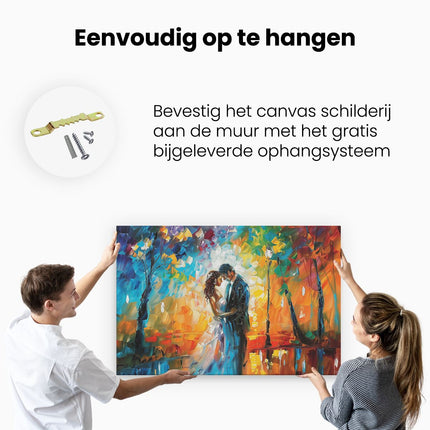 Canvas schilderij ophangen Bruid en Bruidegom Kussen in de Regen