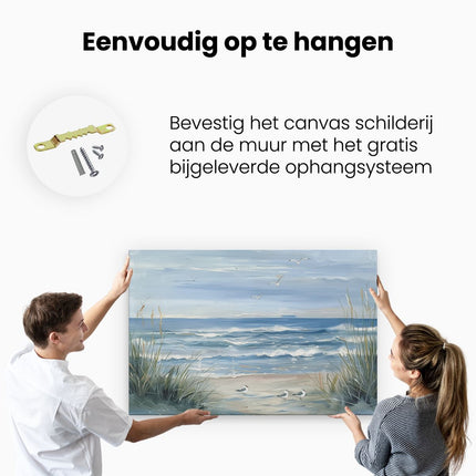 Canvas schilderij ophangen Kunstwerk van een Strandtafereel met Meeuwen en Riet