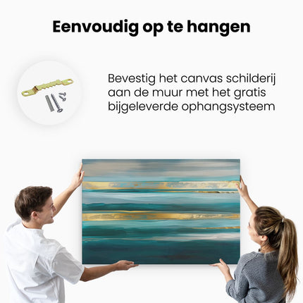 Canvas schilderij ophangen Abstract Kunstwerk met Gouden en Blauwgroen Strepen