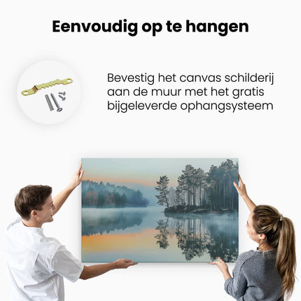 Canvas schilderij ophangen Mistig Meer met Bomen erin Weerspiegeld