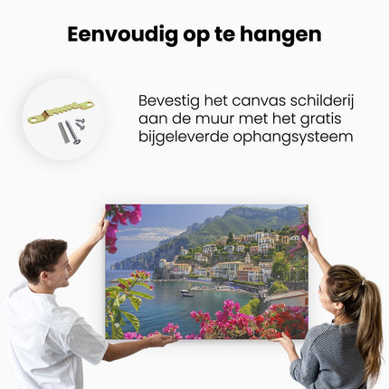 Canvas schilderij ophangen Stadje aan de Kust met Kleurrijke Bloemen