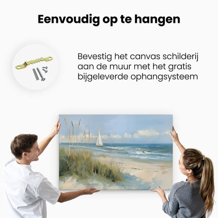 Canvas schilderij ophangen Kunstwerk van een Zeilboot op het Strand