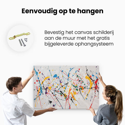 Canvas schilderij ophangen Kleurrijke Verfspatten op een Witte Achtergrond
