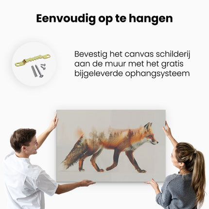 Canvas schilderij ophangen Vos die door een Bos loopt