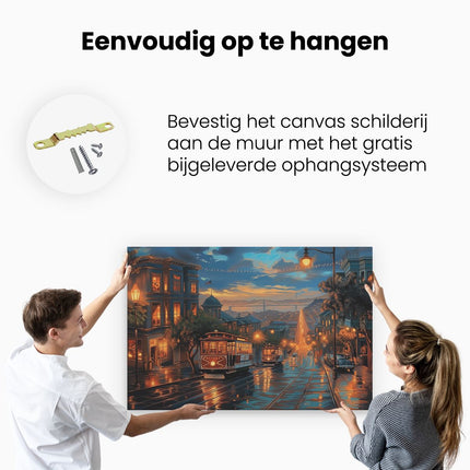 Canvas schilderij ophangen Kunstwerk van een Straatbeeld met een Kabelbaan