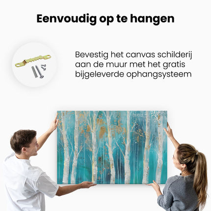 Canvas schilderij ophangen Kunstwerk van Berkenbomen in Blauw en Goud