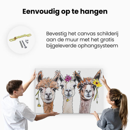 Canvas schilderij ophangen Drie Lama's met Bloemen op hun Hoofd