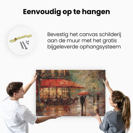 Canvas schilderij ophangen Kunstwerk van een Stel dat in de Regen door een Straat loopt