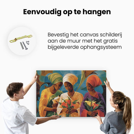 Canvas schilderij ophangen Drie Vrouwen met Tulbanden die Bloemen Vasthouden