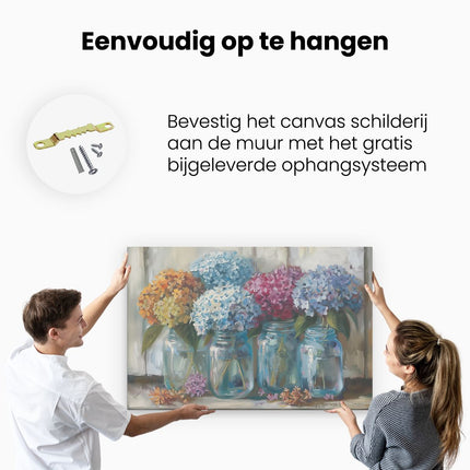 Canvas schilderij ophangen Hortensia's in Glazen Potten
