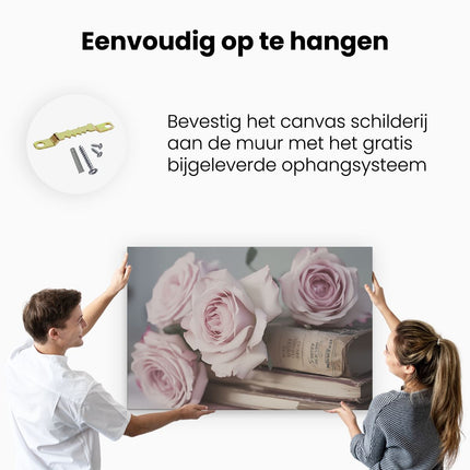 Canvas schilderij ophangen Roze Rozen op Boeken