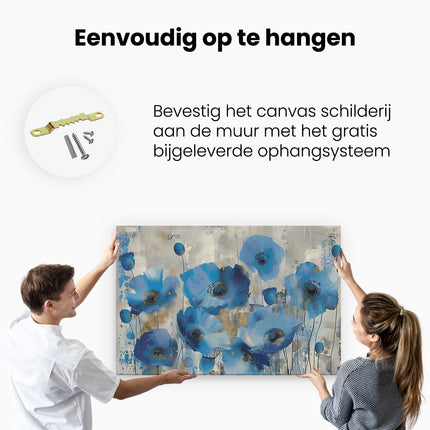 Canvas schilderij ophangen Blauwe Klaprozen op een Beige Achtergrond