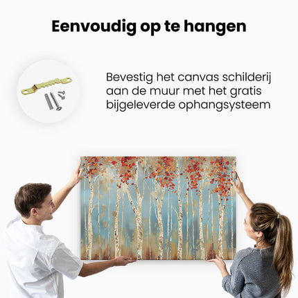 Canvas schilderij ophangen Kunstwerk van Berkenbomen met Rode en Oranje Bladeren