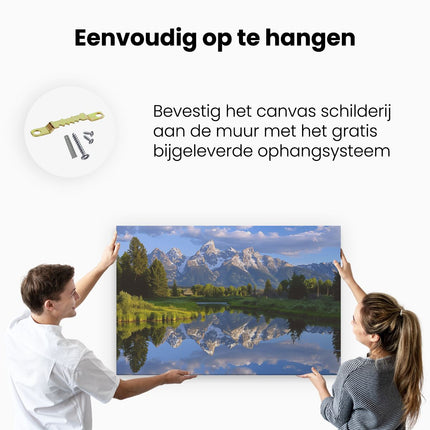 Canvas schilderij ophangen De Bergen Worden Weerspiegeld in het Water