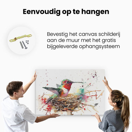 Canvas schilderij ophangen Aquarelkunstwerk van een Kolibrie in een Nest