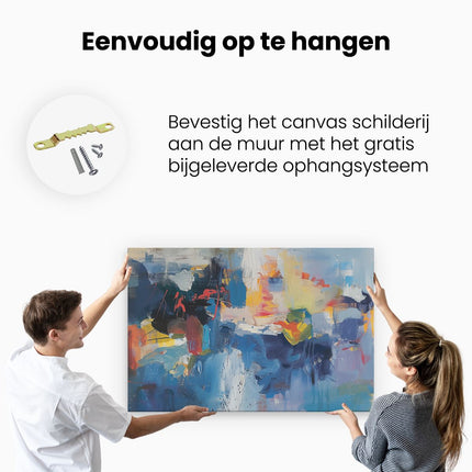 Canvas schilderij ophangen Abstract Kunstwerk met Blauwe, Gele en Oranje Kleuren