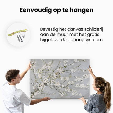 Canvas schilderij ophangen Witte Bloesems op een Tak