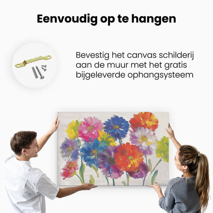 Canvas schilderij ophangen Kleurrijke Bloemen op een Witte Achtergrond