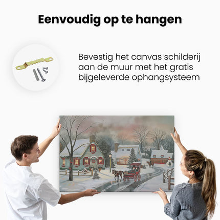 Canvas schilderij ophangen Kunstwerk van een Kerstdorp met een Paardenkoets