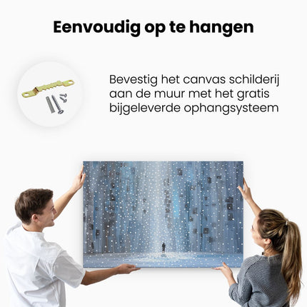 Canvas schilderij ophangen Persoon die in een Besneeuwde Stad Staat